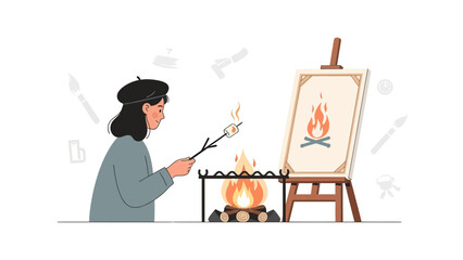 Creative Artist Enjoying Campfire While Painting Outdoor Scene on Canvas Illustration