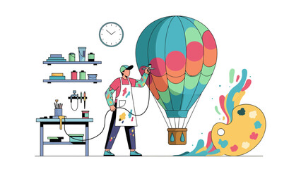 Creative Artist Painting Hot Air Balloon Using Spray Gun in Studio Workshop