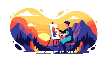 Creative Artist Painting Mountain Landscape During Beautiful Sunset Outdoor Scene
