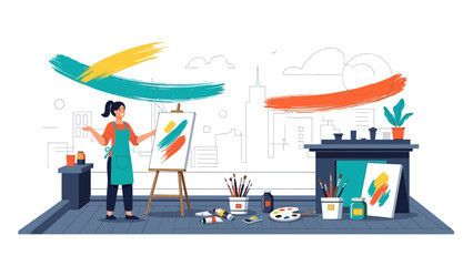 Creative Artist Painting In Urban Studio With Brushes And Paint Canvases