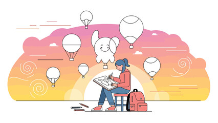 Creative Artist Sketching Fantasy Animals Flying on Air Balloons Landscape at Sunset