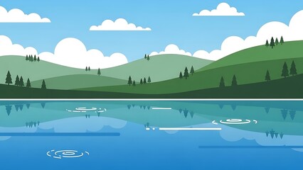 Peaceful Hillside Lake Landscape Illustration