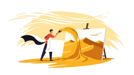 Creative Artist Paints a Desert Landscape on Canvas with Flowing Yellow Paint