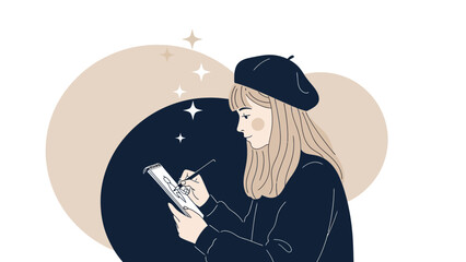 Creative Artist With A Beret Drawing In A Sketchbook Surrounded By Celestial Elements