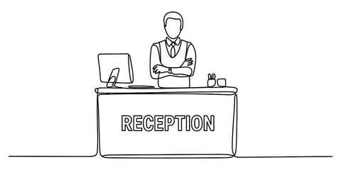 Continuous line drawing of a male receptionist standing behind a reception desk with arms crossed Vector, illustration