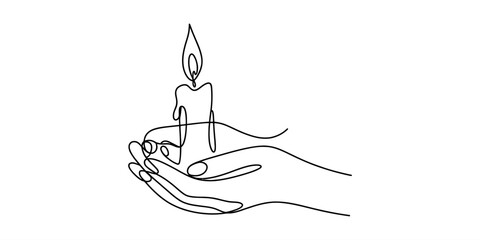 Continuous line drawing of a hand holding a lit candle symbolizing hope and remembrance Vector, illustration