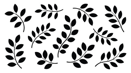 Collection of Black Silhouette Leaf Branches on White Background Keywords: leaf, branch, silhouette, black, white, background, nature, plant, foliage, botanical, design element, graphic, organic