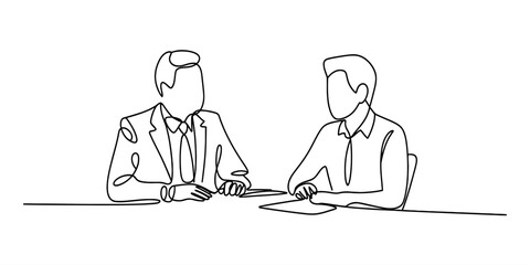 Minimalist one line drawing of two colleagues sitting at a desk for a discussion Vector, illustration