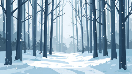 A tranquil winter forest scene features tall, slender trees covered in snow, observed from a peaceful path, with soft snowflakes descending through cool pastel shades of blue, white, and light gray.