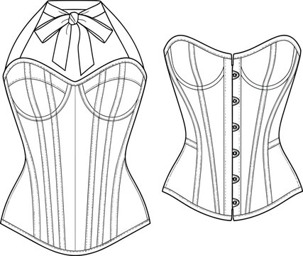 Corset fashion technical sketch, halter neck and strapless design, structured bustier, garment construction detail, vector template, CAD drawing flat vector illustration