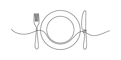 A single continuous line drawing of a plate, fork, and knife table setting Vector, illustration