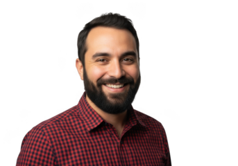 Man with beard smiling wearing a red checkered shirt isolated on transparent background