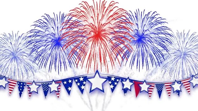 Festive american themed border with colorful fireworks, stars, and flag banners on a white background