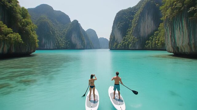 Aerial drone view of a young couple paddleboarding on calm turquoise water between limestone cliffs, capturing a tropical summer travel adventure.