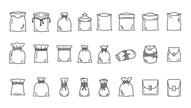 Collection of various sack and bag illustrations in black and white.