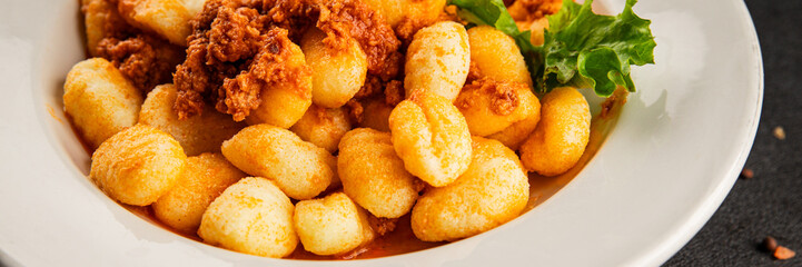 Gnocchi sauce tuna fish natural food main course ingredient appetizer fresh tasty table setting gourmet food background on the table rustic food top view copy space