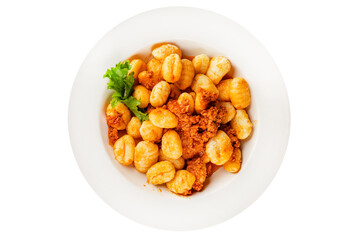 Gnocchi sauce tuna fish natural food main course ingredient appetizer fresh tasty table setting gourmet food background on the table rustic food top view copy space