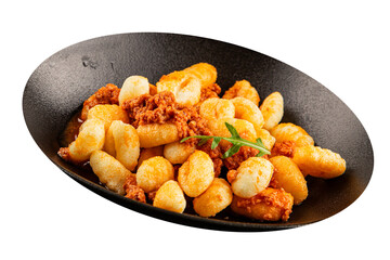 Gnocchi sauce tuna fish natural food main course ingredient appetizer fresh tasty table setting gourmet food background on the table rustic food top view copy space