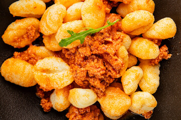 Gnocchi sauce tuna fish natural food main course ingredient appetizer fresh tasty table setting gourmet food background on the table rustic food top view copy space