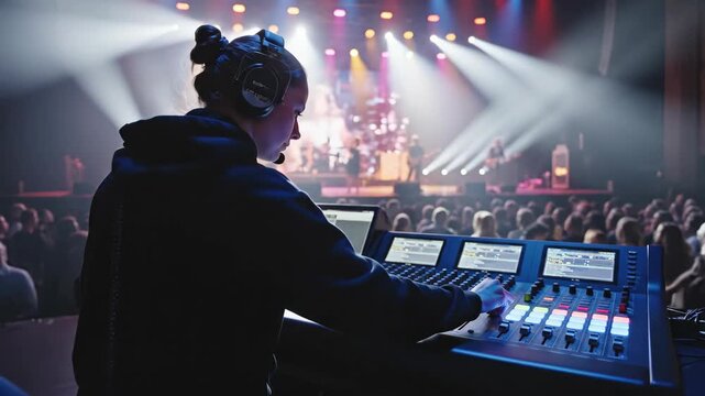 Sound engineer working at a mixing console during a live concert. Technician adjusting audio for a band on a brightly lit stage. Behind the scenes of event production