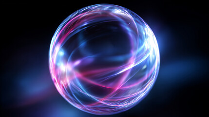 Neon plasma sphere&mdash;threads of violet and cyan orbit a glass bubble like a tiny storm learning choreography