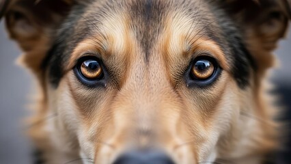 Closeup of a dogs face with intense soulful eyes looking directly at the camera.