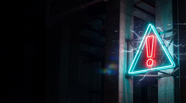 Glowing red exclamation mark inside a blue neon triangle with lightning and rain. Concept of system error, urgent alert, or danger zone.