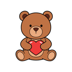 A cute brown teddy bear holding a red heart on a white background illustration.