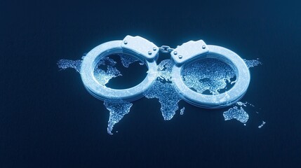 Minimal conceptual editorial illustration representing international political tension and justice, handcuffs over world map, United States and South America highlighted
