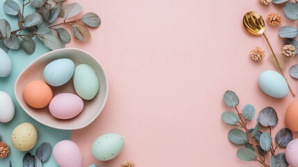 Colorful Easter eggs in bowl with leaves on pastel background