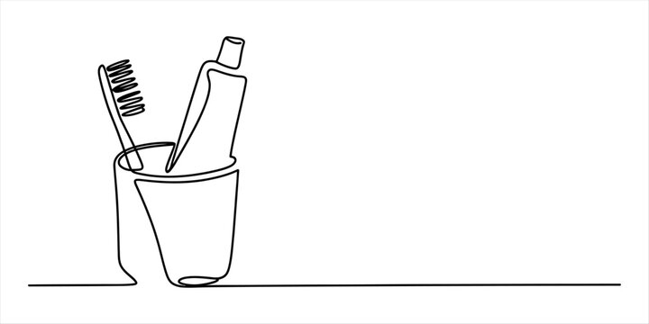 Continuous line drawing showing a toothbrush and toothpaste tube in a glass Vector, illustration