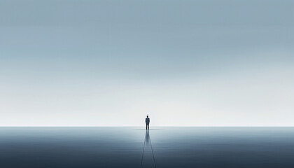 A solitary businessman stands on a vast, reflective surface under an expansive, clear sky, creating a minimalist