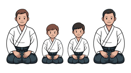 Four individuals wearing traditional martial arts uniforms sitting in seiza position with smiling faces and different hairstyles