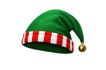 Green christmas elf hat with red and white striped band and golden jingle bell, on transparent background