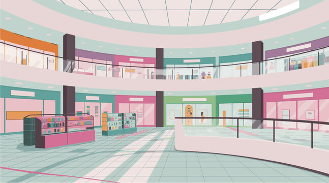 Clean modern illustration of a colorful multi-level shopping mall interior with curved atrium, glass railings, retail kiosks, and reflective floors.