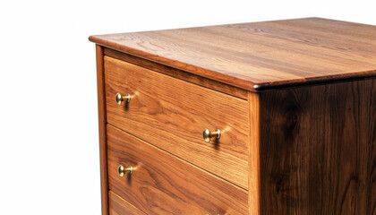 Close-up detail of a modern wooden dresser or chest of drawers against a clean white background