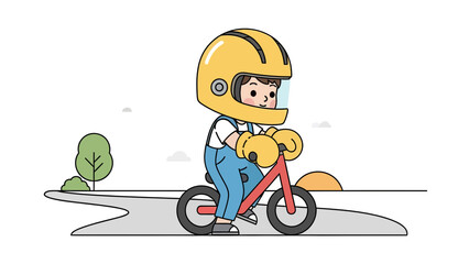 Naklejka premium Cheerful Kid Learning To Ride First Bike In Outdoor Minimalist Landscape