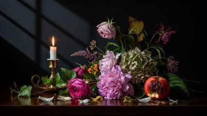 Still life with candle flowers and fruit in a dark moody setting.