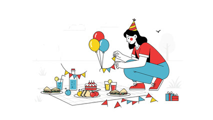 Fototapeta premium Celebrating Special Day Woman Decorates Birthday Party Picnic In Flat Design