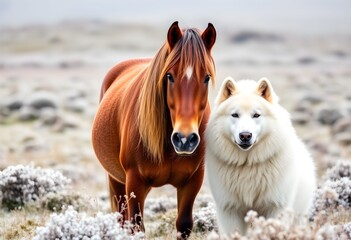 A view of a Horse and a Samoyed dog
