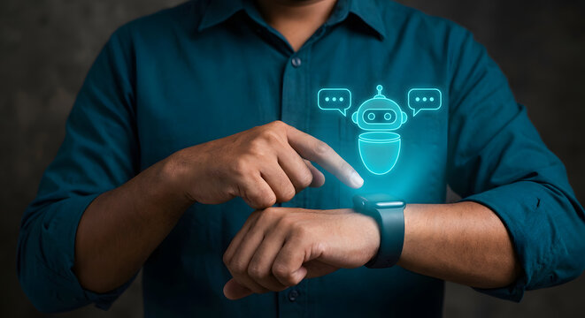 man using smartwatch with neon ai chatbot hologram and speech bubbles representing wearable technology artificial intelligence mobile assistant and smart wrist watch communication - Powered by Adobe