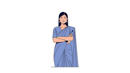 A confident woman in a blue sari with her arms crossed standing