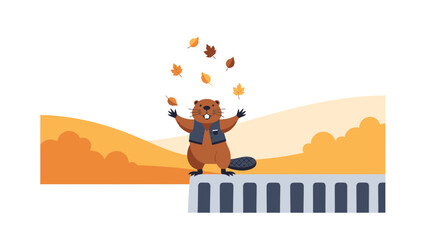 Fototapeta premium Charming Beaver Autumn Scene With Falling Leaves In Vector Style Illustration