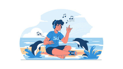 Obraz premium Cheerful Young Man Listening To Music At The Beach Surrounded By Dolphins
