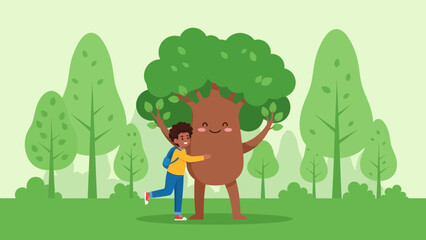 Fototapeta premium Child Affectionately Hugging A Smiling Cartoon Tree In A Sunny Forest Landscape