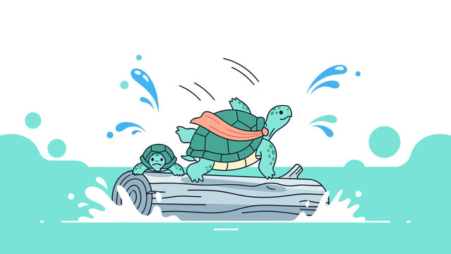 Champion Turtle Leaps Ahead While Second Turtle Lags Behind On A Log