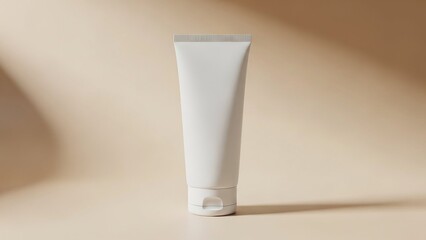 White Cosmetic Tube on Beige Background with Sunlight Shadows.