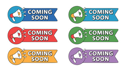 Set of colorful pre order announcement badges with megaphone and bold text on various backgrounds