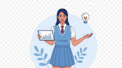A young girl in a blue school uniform presenting a graph