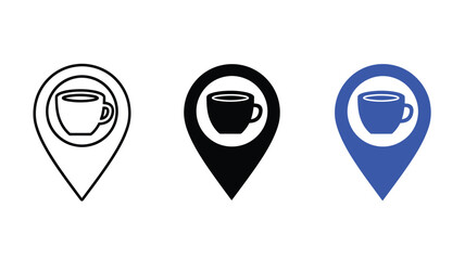 Coffee cup location icons in three color variations a bold silhouette